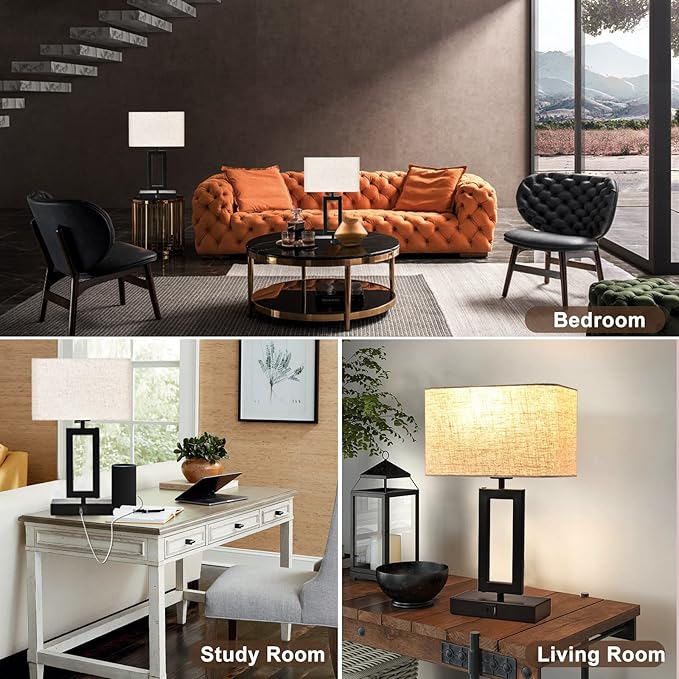 Lamps for Bedroom Set of 2 Touch Control Table Lamps with Dual USB Ports,Bedside Lamp3-Way Dimmable Lamps for Nightstand, Modern Desk Lamps for Living Room Office, LED Bulbs Included, Black&Cream - LeafyLoom