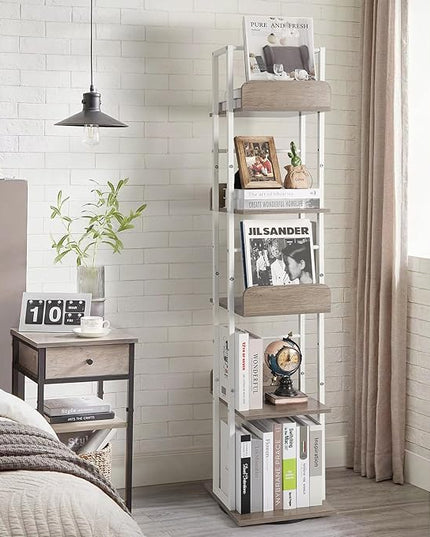 Bikoney Bookshelves 5-Tier, Rotating Bookshelf Tower for Corner, Small Bookcase, Tall Industrial Bookshelf, Narrow Bookshelf, Wood and Metal White - LeafyLoom