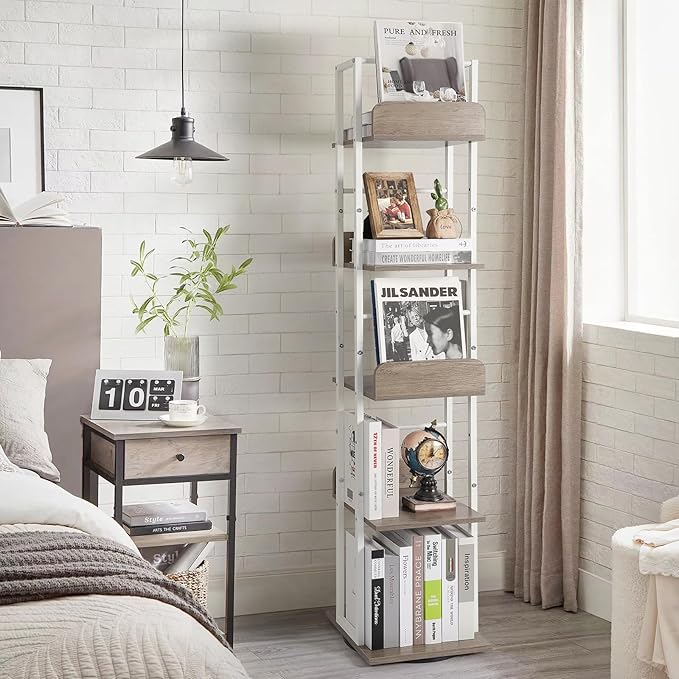 Bikoney Bookshelves 5-Tier, Rotating Bookshelf Tower for Corner, Small Bookcase, Tall Industrial Bookshelf, Narrow Bookshelf, Wood and Metal White - LeafyLoom