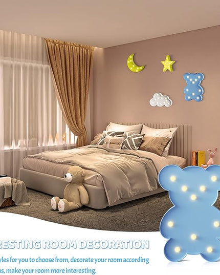 Blue Bear Decor, Battery Powered Bear Night Light for Kids, Pink Party Decorations, Baby Night Light for Bedroom, Toddler Night Lights, Girls Room Decor - LeafyLoom