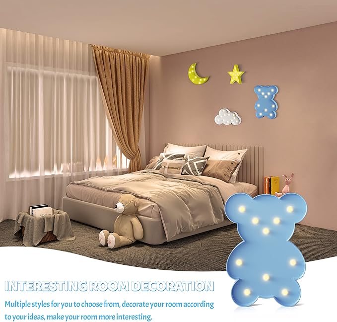 Blue Bear Decor, Battery Powered Bear Night Light for Kids, Pink Party Decorations, Baby Night Light for Bedroom, Toddler Night Lights, Girls Room Decor - LeafyLoom