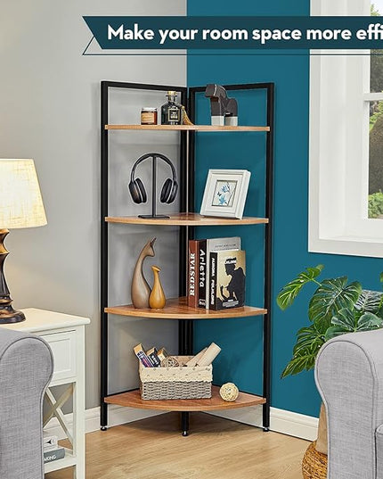 SAYGOER Corner Bookshelf 4 Tier Stand Storage Shelf Modern Black Bookcase Ladder Standing Shelves Display Rack Plant Stand for Small Spaces, Bedroom, Living Room,Walnut Oak - LeafyLoom