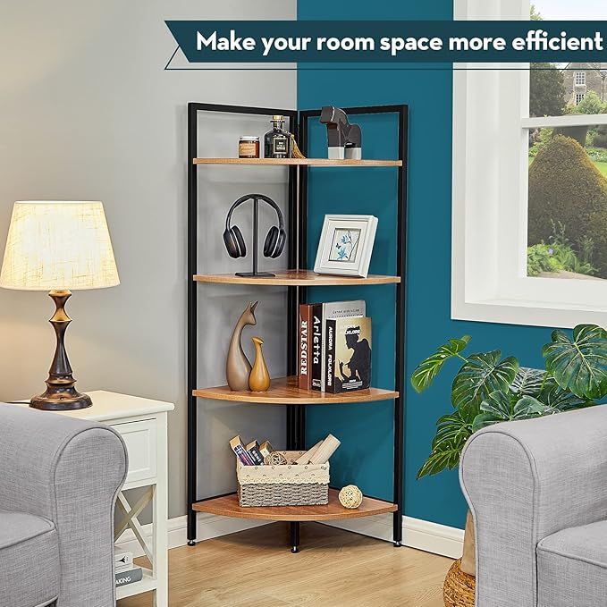 SAYGOER Corner Bookshelf 4 Tier Stand Storage Shelf Modern Black Bookcase Ladder Standing Shelves Display Rack Plant Stand for Small Spaces, Bedroom, Living Room,Walnut Oak - LeafyLoom