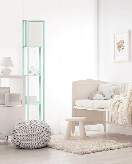 Simple Designs LF1014-AQU-LB Three Shelf Etagere Organizer Storage Floor Lamp with White Linen Shade for Living Room, Bedroom, Office, Hallway, Aqua, with Feit LED Bulb Included - LeafyLoom