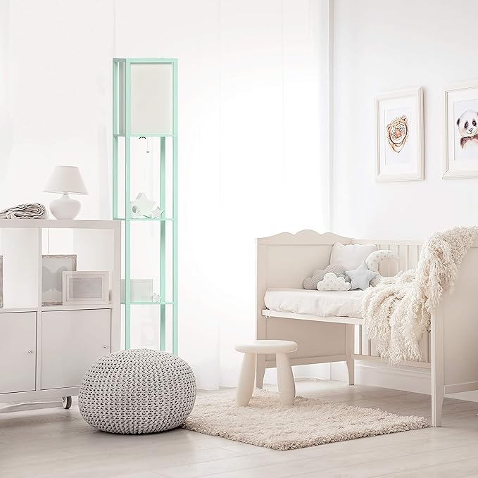 Simple Designs LF1014-AQU-LB Three Shelf Etagere Organizer Storage Floor Lamp with White Linen Shade for Living Room, Bedroom, Office, Hallway, Aqua, with Feit LED Bulb Included - LeafyLoom