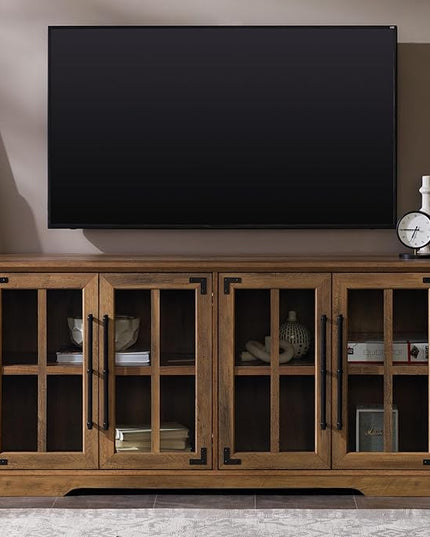 Walker Edison Farmhouse Barn Glass Door Wood Universal TV Stand for TV's up to 64" Flat Screen Living Room Storage Cabinet Doors and Shelves Entertainment Center, 58 Inch, Rustic Oak - LeafyLoom
