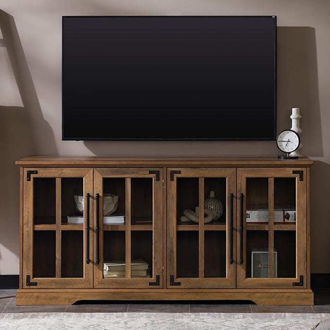 Walker Edison Farmhouse Barn Glass Door Wood Universal TV Stand for TV's up to 64" Flat Screen Living Room Storage Cabinet Doors and Shelves Entertainment Center, 58 Inch, Rustic Oak - LeafyLoom