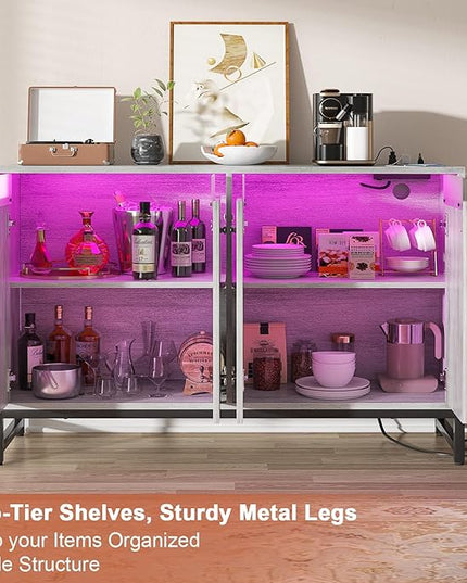 Aheaplus Sideboard Buffet Cabinet with Power Outlet, Kitchen Storage Cabinet with LED Light & Doors, Accent Cabinet Cupboard Buffet Table with Storage for Dining Room, Living Room, Hallway, White Oak - LeafyLoom