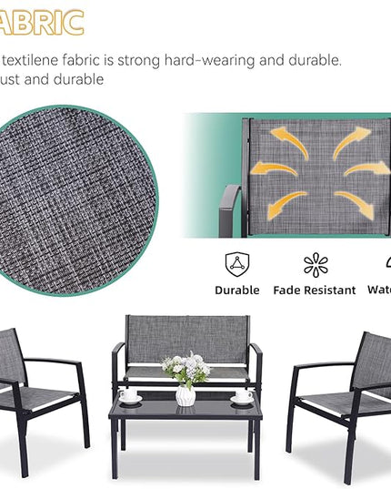 4 Pieces Patio Furniture Set Outdoor Garden Patio Conversation Sets Poolside Lawn Chairs with Tempered Glass Coffee Table Loveseat Porch Furniture Textilene Fabric Grey - LeafyLoom