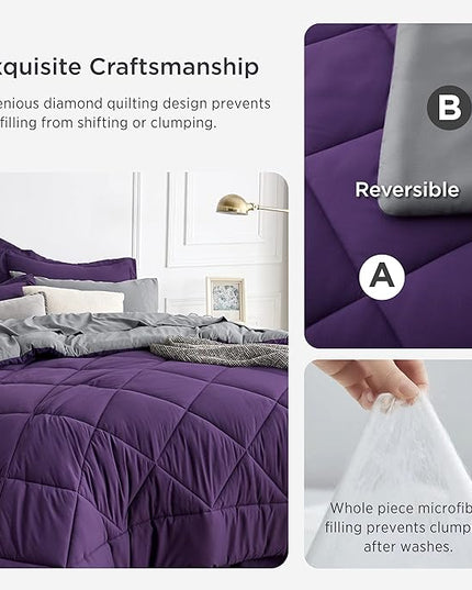 Bedsure Purple Twin Comforter Sets - 5 Pieces Reversible Twin Bedding Sets for College, Purple Extra Long Bed Set Twin with Comforters, Sheets, Pillowcase & Sham - LeafyLoom