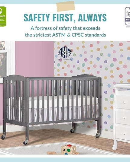 Folding Full Size Convenience Crib In Storm Grey, Two Adjustable Mattress Height Positions, Comes With Heavy Duty Locking Wheels, Flat Folding - LeafyLoom