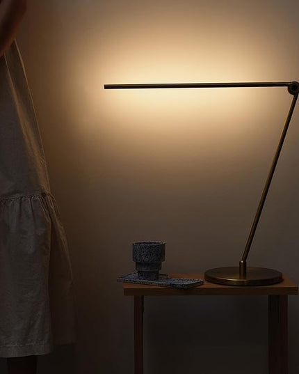 Brightech Libra LED Table Lamp - Contemporary Minimalist Thin Compact Desk Lamp - Adjustable Pivoting LED Head with Built-in Dimmer and Color Changing LED - Brass - LeafyLoom