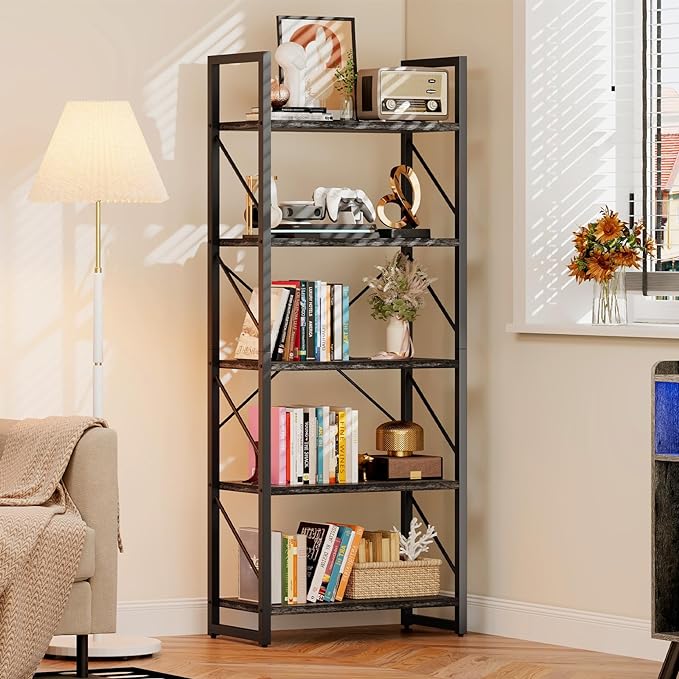 DWVO 5 Tier Bookshelf, Industrial Bookshelves Open Shelf Bookcase, Storage Shelves Organizer Display Rack for Bedroom,Living Room,Office,Kitchen, Charcoal Gray - LeafyLoom