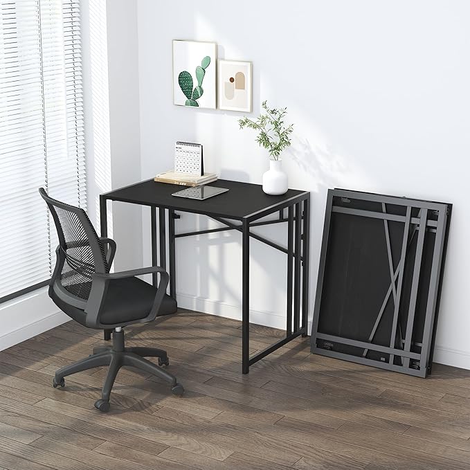 Small Folding Computer Desk 32 inch, Writing Gaming Computer Desk for Small Spaces, No Assembly Required Small Office Desk, Black - LeafyLoom