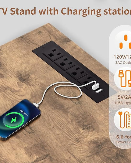 VECELO LED TV Stand Power Outlet for 65 inch Gaming Entertainment Center with 7 Open Storage Shelves, Industrial Television Cabinet for Living Room, Bedroom, Light Brown, 65inch - LeafyLoom