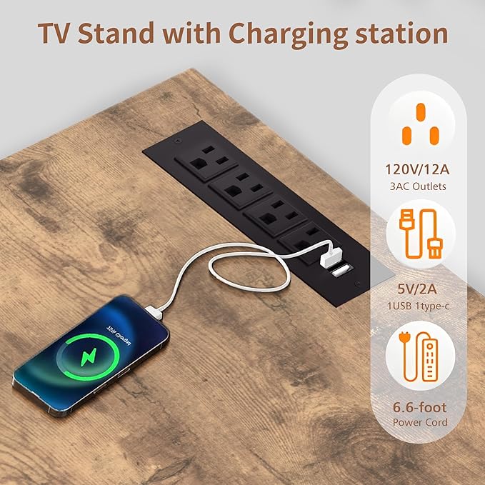 VECELO LED TV Stand Power Outlet for 65 inch Gaming Entertainment Center with 7 Open Storage Shelves, Industrial Television Cabinet for Living Room, Bedroom, Light Brown, 65inch - LeafyLoom
