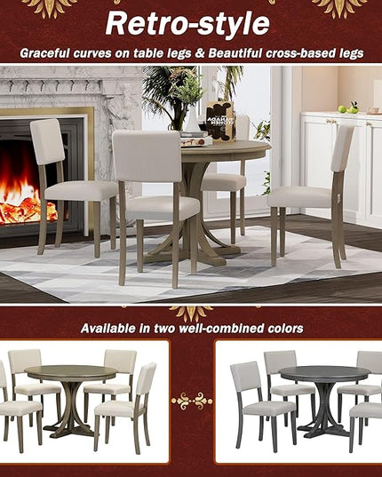 5 Piece Modern Round Dining Set, Including Solid Wood Curved Trestle Style Table Legs and 4 Upholstered Backrest Cushioned Chairs, for Kitchen, Living Room, Taupe+Beige - LeafyLoom