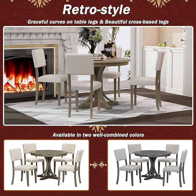 5 Piece Modern Round Dining Set, Including Solid Wood Curved Trestle Style Table Legs and 4 Upholstered Backrest Cushioned Chairs, for Kitchen, Living Room, Taupe+Beige - LeafyLoom