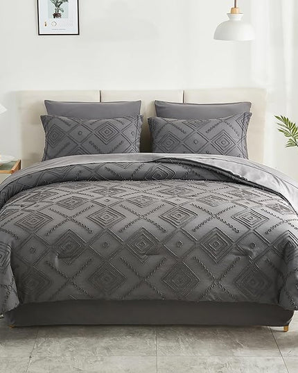EMME King Comforter Set - 7 Pcs Dark Grey Boho Bedding Sets, King Size Tufted Comforter with Sheets, Shabby Chic Embroidery Bed Set Fluffy Bed Bag for All Season(102"X90") - LeafyLoom