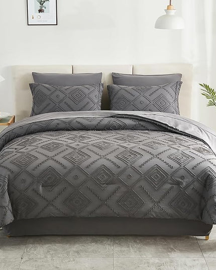 EMME Queen Comforter Set - 7 Pcs Dark Grey Boho Bedding Sets, Full Size Tufted Comforter with Sheets, Shabby Chic Embroidery Queen Bed Set Fluffy Bed Bag for All Season(90"X90") - LeafyLoom