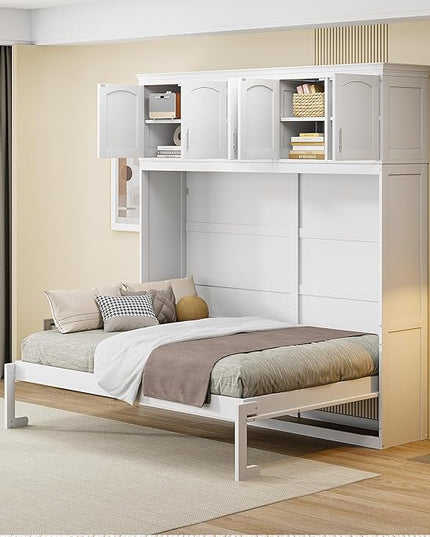 Merax, White Modern Farmhouse Solid Murphy Chest with Top, Tall Wall Platform Bed Space Saving/Wood Slat Support, Full W/Cabinets - LeafyLoom