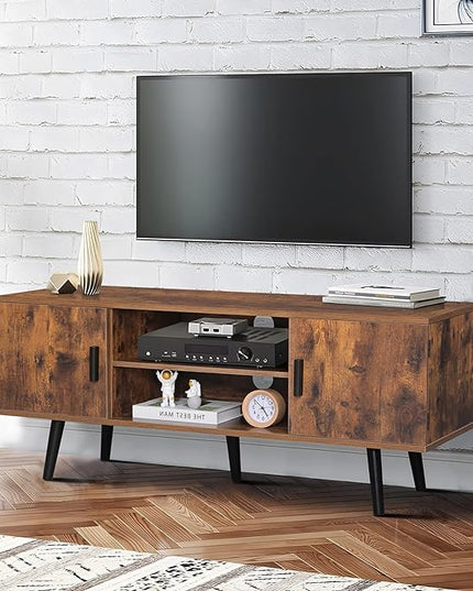 Iwell TV Stand for 55 Inch TV, TV Console with 2 Cabinets and Shelves, TV Stands for Living Room/Bedroom, Rustic Brown - LeafyLoom