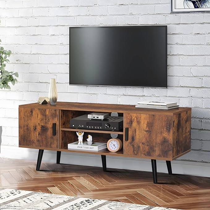 Iwell TV Stand for 55 Inch TV, TV Console with 2 Cabinets and Shelves, TV Stands for Living Room/Bedroom, Rustic Brown - LeafyLoom