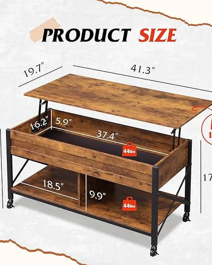 WLIVE Coffee Table, Lift Top Coffee Table with Hidden Compartment, 4 in 1 Multi-Function Coffee Tables with 4 Wheels for Living Room, Mid-Century Lift Tabletop Dining Table, Rustic Brown - LeafyLoom