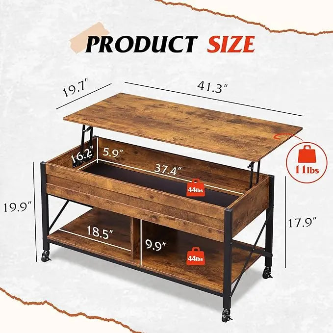 WLIVE Coffee Table, Lift Top Coffee Table with Hidden Compartment, 4 in 1 Multi-Function Coffee Tables with 4 Wheels for Living Room, Mid-Century Lift Tabletop Dining Table, Rustic Brown - LeafyLoom
