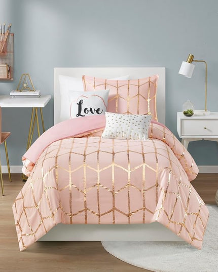 Intelligent Design Raina Twin / Twin XL Comforter Set, Soft Microfiber Comforter Set Twin, Modern Geometric Metallic Bed Set, 4 Pieces College Bedding Comforter Set with 1 Sham, 2 Toss Pillows Blush - LeafyLoom