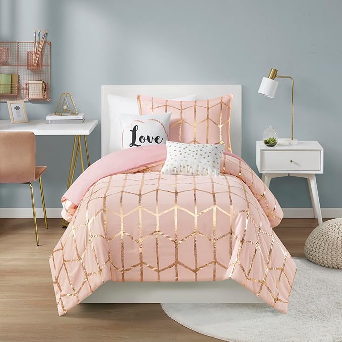 Intelligent Design Raina Twin / Twin XL Comforter Set, Soft Microfiber Comforter Set Twin, Modern Geometric Metallic Bed Set, 4 Pieces College Bedding Comforter Set with 1 Sham, 2 Toss Pillows Blush - LeafyLoom