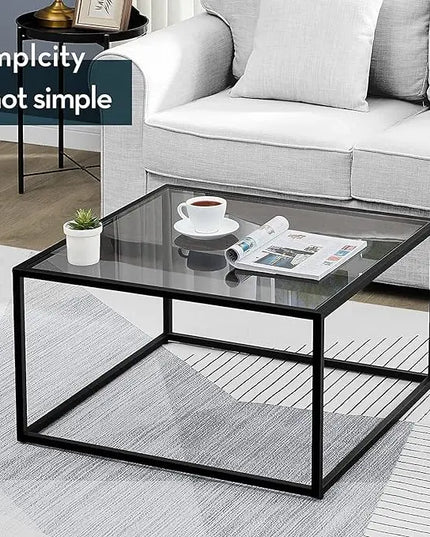 SAYGOER Glass Coffee Table, Small Modern Coffee Table Square Simple Center Tables for Living Room 26.7 x 26.7 x 15.7 Inches, Gray Black - LeafyLoom
