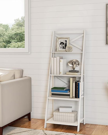 Lavish Home 4-Tier Ladder Bookshelf - Freestanding Shelved Bookcase with X-Back Frame and Leaning Look - Display Shelves for Home or Office (White) - LeafyLoom