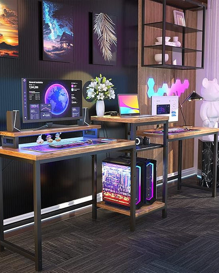 Unikito Double Computer Desk with LED Strip and Power Outlet, 2 Person Desk with Monitor Stand and Storage, Ergonomic Computer Desk with Printer Stand for Home Office, Long Gaming desk, Rustic Brown - LeafyLoom