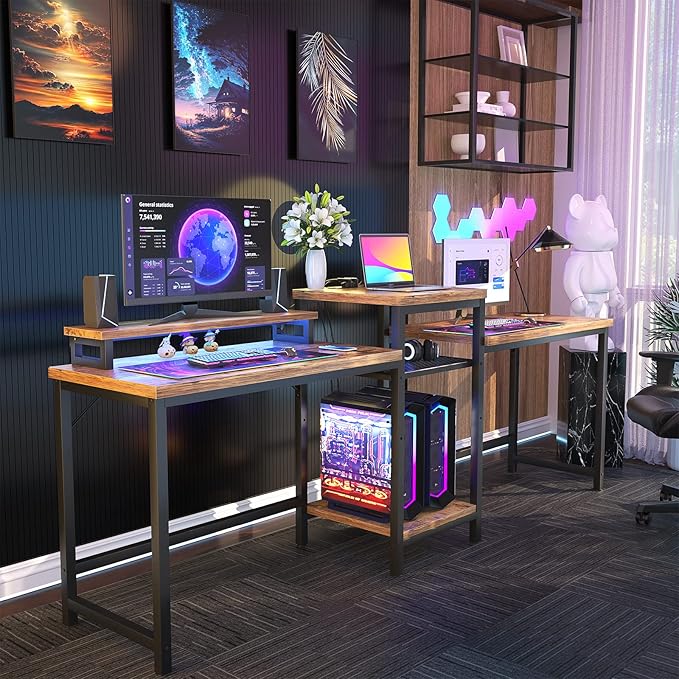 Unikito Double Computer Desk with LED Strip and Power Outlet, 2 Person Desk with Monitor Stand and Storage, Ergonomic Computer Desk with Printer Stand for Home Office, Long Gaming desk, Rustic Brown - LeafyLoom