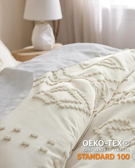 Bedsure Boho Comforter Set Twin - Beige Tufted Bedding Comforter Set, 2 Pieces Farmhouse Shabby Chic Embroidery Bedding Set, Soft Geometric Pattern Comforter for All Seasons - LeafyLoom