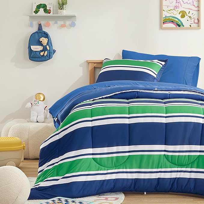 SLEEP ZONE Teens Boys Green Navy Stripe Kids Jersey Knit Comforter Set, Cute & Soft Bedding Set 2 Pieces with Comforter and Pillowcase, Washable, Easy Care (Rugby Stripe Navy/Green, Twin) - LeafyLoom