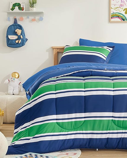 SLEEP ZONE Jersey Knit 3 Pieces Kids Comforter Set, Navy Gree Rugby Stripe Design for Boys and Teens. Durable, Breathable and Easy Care, All Season Use (Rugby Stripe Navy/Green, Full/Queen) - LeafyLoom