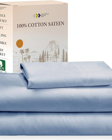 California Design Den Soft 100% Cotton Sheets Twin Size Bed Sheet Sets with Deep Pockets and Sateen Weave for Dorm Rooms, College, Cooling Sheets (Blue) - LeafyLoom