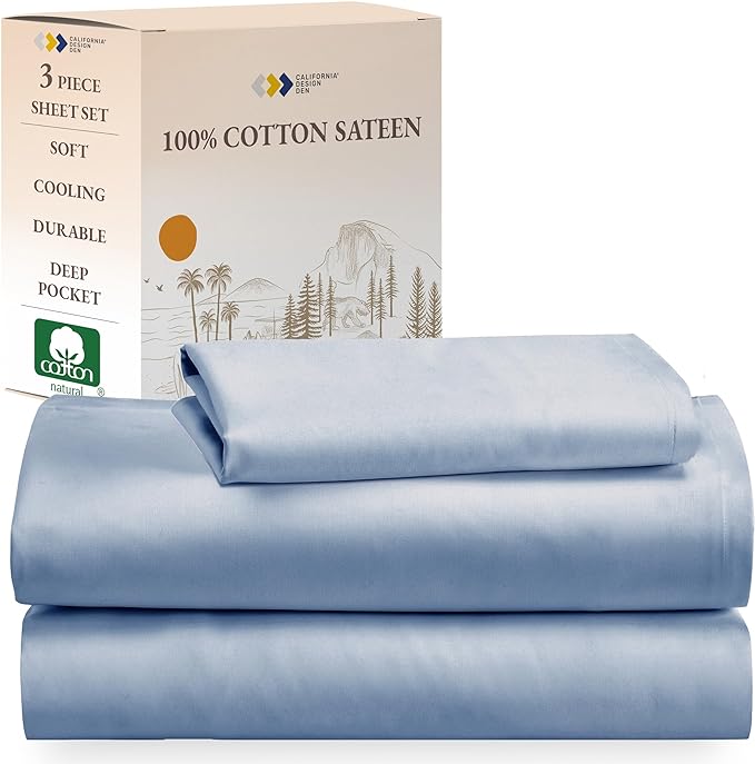 California Design Den Soft 100% Cotton Sheets Twin Size Bed Sheet Sets with Deep Pockets and Sateen Weave for Dorm Rooms, College, Cooling Sheets (Blue) - LeafyLoom