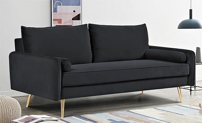 Kent Modern Sofa, European Style Velvet Living Room Furniture with Tapered Legs, Vintage Flair, and Sleek Design, Black - LeafyLoom