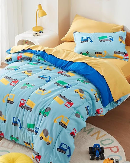 SLEEP ZONE Kids Twin Bedding Comforter Set - Super Cute & Soft Kids Bedding 5 Pieces Set with Comforter, Sheet, Pillowcase & Sham (Construction Truck) - LeafyLoom
