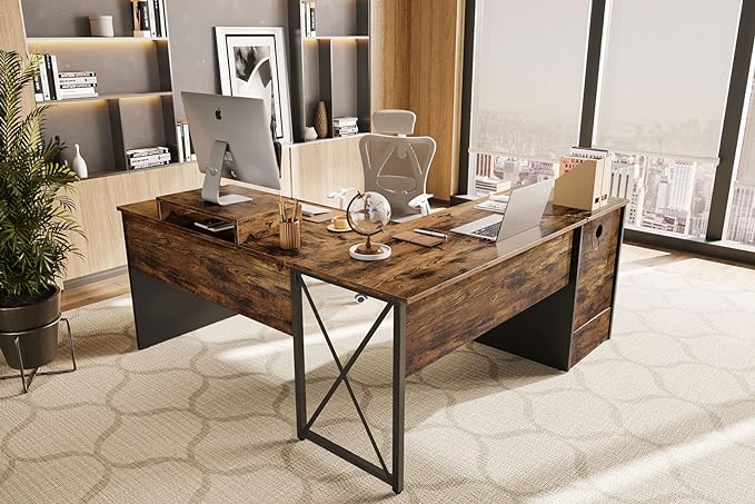 Bestier Lift Top L Shaped Desk with File Drawer, 55'' x 55'' Office Desk with Reversible Storage Drawers, L Shaped Standing Desk with Computer Monitor Stand - LeafyLoom