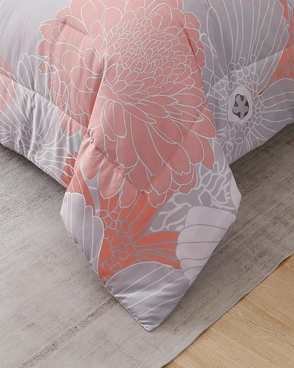 Yiran Blush Grey Floral Bed in a Bag Comforter 7 Pieces Soft Microfiber Comforter Set Bedding Set King Size 103"×90"(1 Comforter,2 Pillowcases,2 Pillow Shams,1 Flat Sheet,1 Fitted Sheet) - LeafyLoom