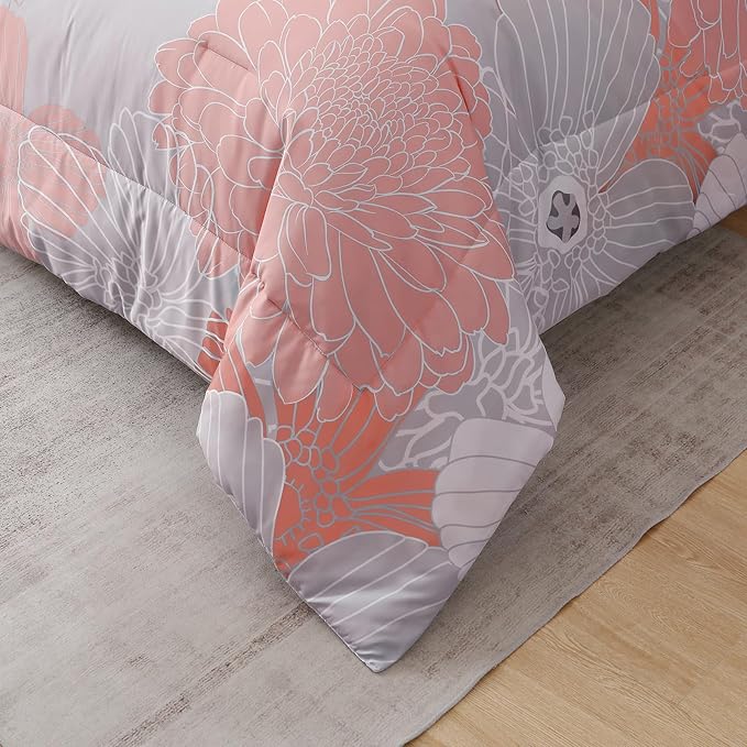 Yiran Blush Grey Floral Bed in a Bag Comforter 7 Pieces Soft Microfiber Comforter Set Bedding Set King Size 103"×90"(1 Comforter,2 Pillowcases,2 Pillow Shams,1 Flat Sheet,1 Fitted Sheet) - LeafyLoom