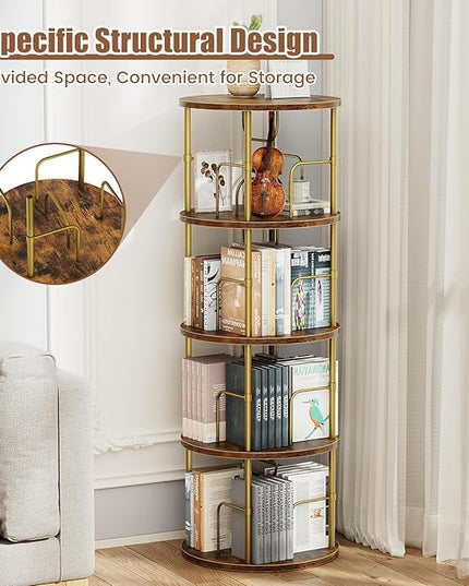 Rotating Bookshelf, 4 Tier Spinning Bookshelf Tower, 360° Display Unique Round Bookcase, Floor Standing Corner Revolving Bookshelf Storage Organizer for Small Spaces, Home Study Office, Gold - LeafyLoom