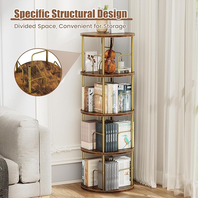 Rotating Bookshelf, 4 Tier Spinning Bookshelf Tower, 360° Display Unique Round Bookcase, Floor Standing Corner Revolving Bookshelf Storage Organizer for Small Spaces, Home Study Office, Gold - LeafyLoom