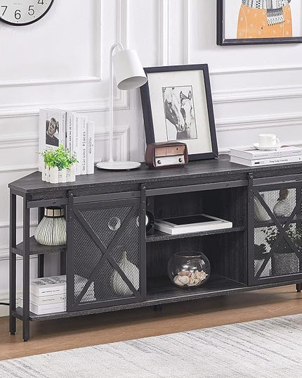 HOMISSUE Corner TV Stand, Corner TV Stand for 55 60 Inch TV, Industrial & Farmhouse Corner Entertainment Center w/Sliding Barn Door, Corner TV Cabinet for Living Room, Grey - LeafyLoom