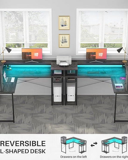 armocity L Shaped Desk with Drawers, Reversible Corner Computer Desk with LED Light & Power Outlet, 55.2'' L-Shaped Gaming Desk with Long Monitor Shelf, Home Office Desk for Small Corner Space, Grey - LeafyLoom