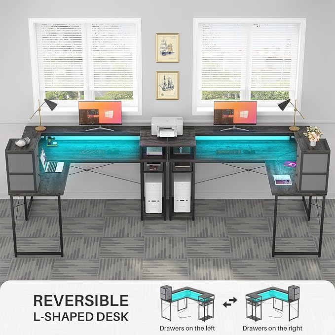 armocity L Shaped Desk with Drawers, Reversible Corner Computer Desk with LED Light & Power Outlet, 55.2'' L-Shaped Gaming Desk with Long Monitor Shelf, Home Office Desk for Small Corner Space, Grey - LeafyLoom